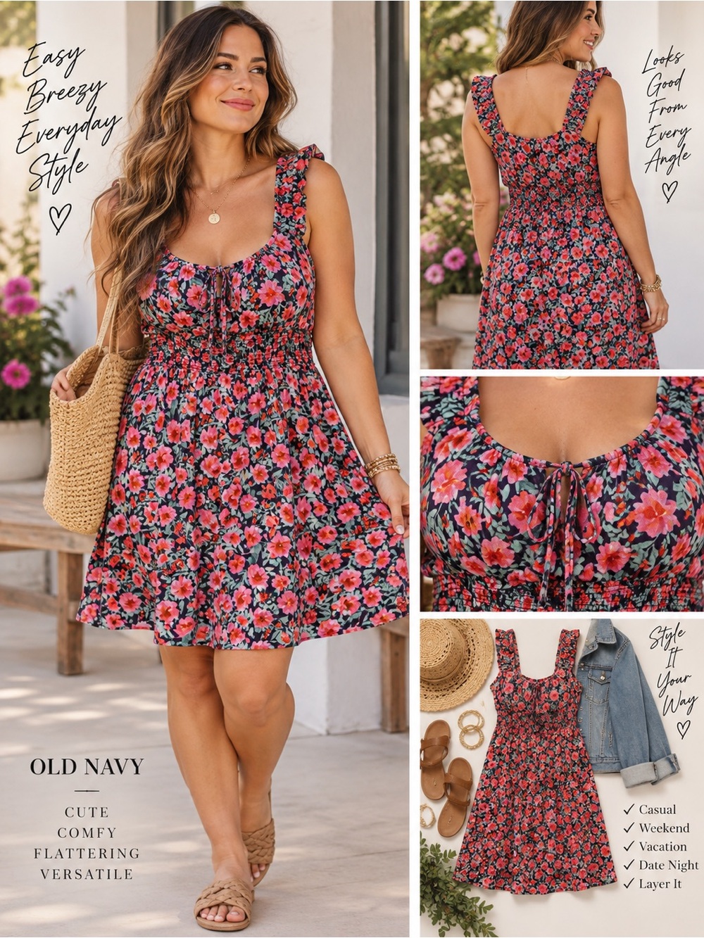 Old Navy Floral Smocked Waist Mini Dress L Pink Cottagecore Sundress